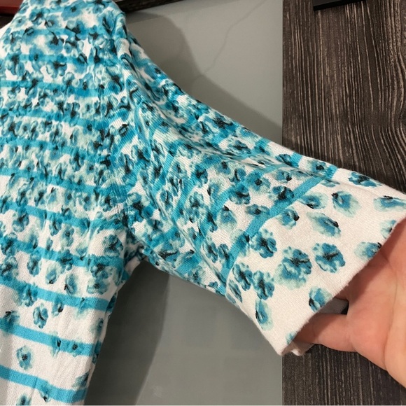 New York & Company 100% Cotton Ditsy Floral Striped Short Sleeve Button Cardigan - Picture 4 of 8